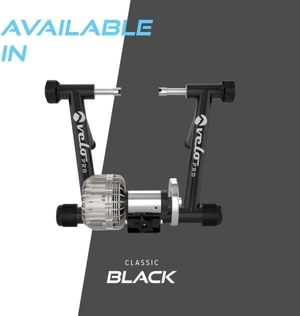 Black Velo Pro Fluid Turbo trainer features a sleek design with durable materials, showcasing its adjustable resistance and compact frame