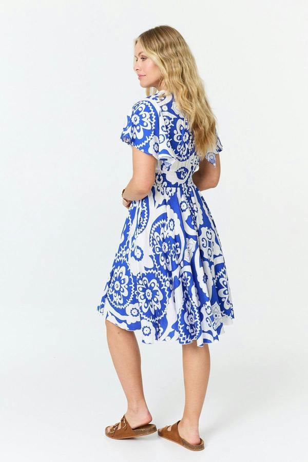 Blue | Printed Knee Length Angel Sleeve Dress