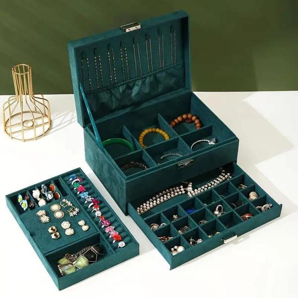 Dyzi Velvet 3 Layer Lockable Jewellery Box Large Storage Case Organizer