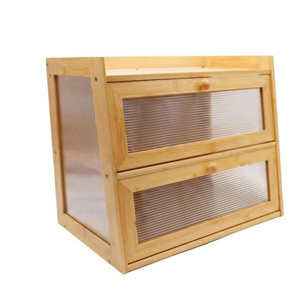 Maison des Cadeaux Large 2-Tier Bamboo Bread Bin with Fluted Windows