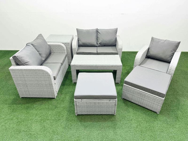 Fimous 2 Big Stool Wicker Patio Set, High Back Poly Rattan, Reclining Loveseat Sofa, Oblong Coffee Table, Indoor Outdoor and Side Table, Light Grey