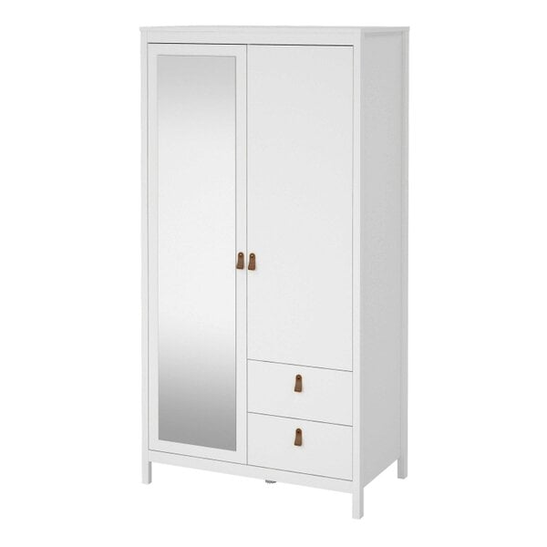 Wyld Haus Wildberry Matt White Wooden Mirror Wardrobe 2 Doors 2 Drawers Leather Handles