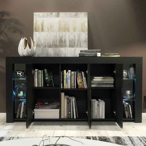 Mex Furniture  Exclusive 164cm Sideboard TV Unit Black Display Cabinet TV Stand Living Room with FREE LED