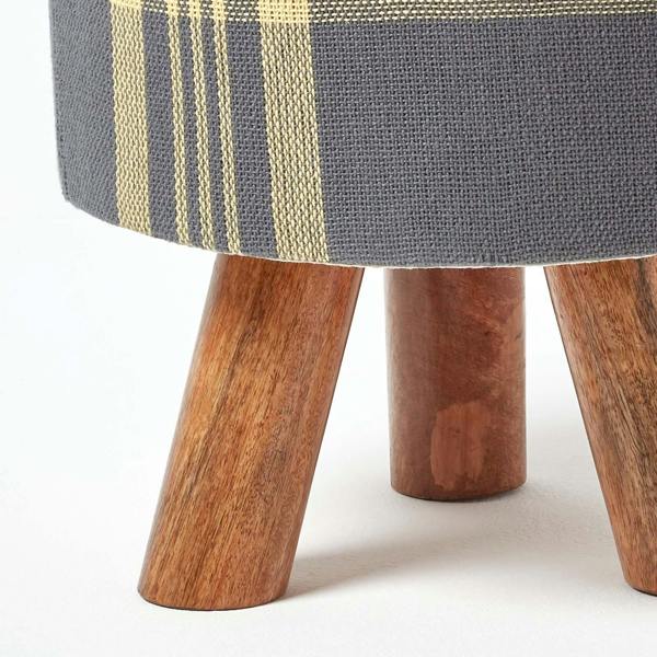 HOMESCAPES Grey and Yellow Tall Tartan Fabric Stool with Legs