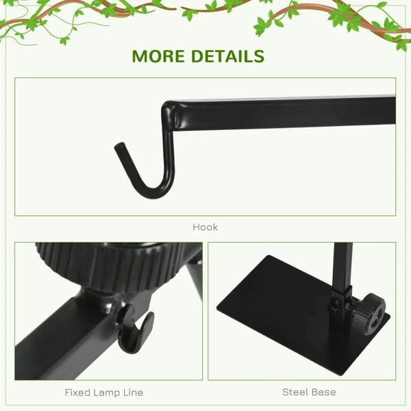 Black steel reptile lamp stand holder with curved hook and mounting knob