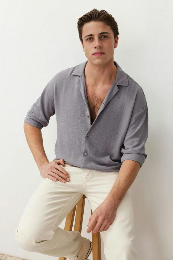 WOVCOR Oversize Fit Open Collar Linen Look Men’s Shirt