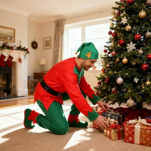 One Size Adult Unisex Christmas Elf Fancy Dress Costume with Hat, Shoes, Belt and Trousers image 7