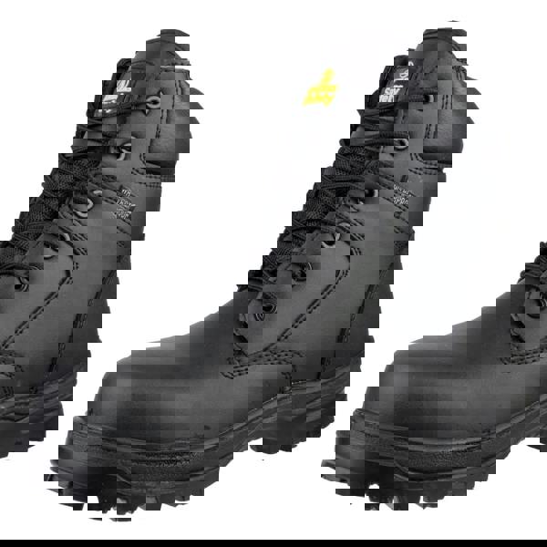 Amblers Safety Amblers FS006C Mens Waterproof Metal Free Composite Toe/Midsole Safety Ankle Boot, black work boot with protective toe, waterproof design, lace-up closure, padded ankle support, and slip-resistant sole.