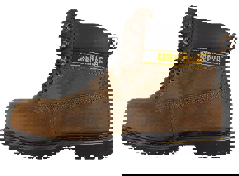 Caterpillar Holton Mens SB Safety Steel Toe Cap Lace Up Work Boots, brown leather work boot with black padded ankle collar, yellow and black Caterpillar logo on side, sturdy rubber sole with traction pattern.