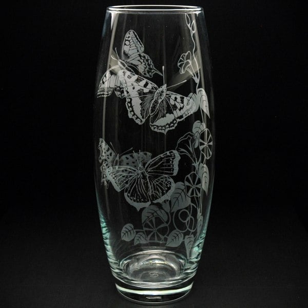 Glyptic Glass Art Convolvulus and Butterfly Glass Botanica Vase - Hand Etched/Engraved Gift