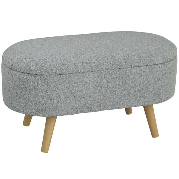 Grey teddy fleece storage ottoman with rounded top and wooden legs