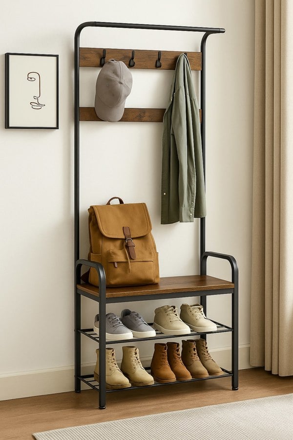 Rustic brown and black 4-in-1 coat rack with shoe storage bench, hanging rail, and removable hooks for hallway or entryway organization

