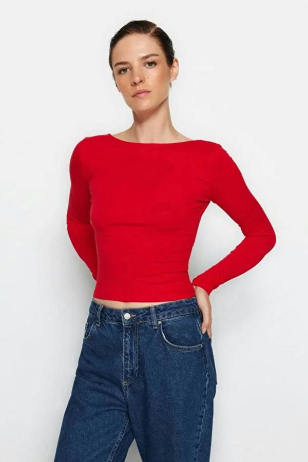 Hoxton Gal Cotton Stretch Fitted Knit Blouse with Open Back Detail