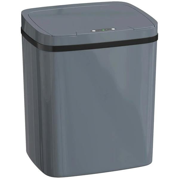 Grey automatic sensor trash bin with lid, rectangular body, touchless operation
