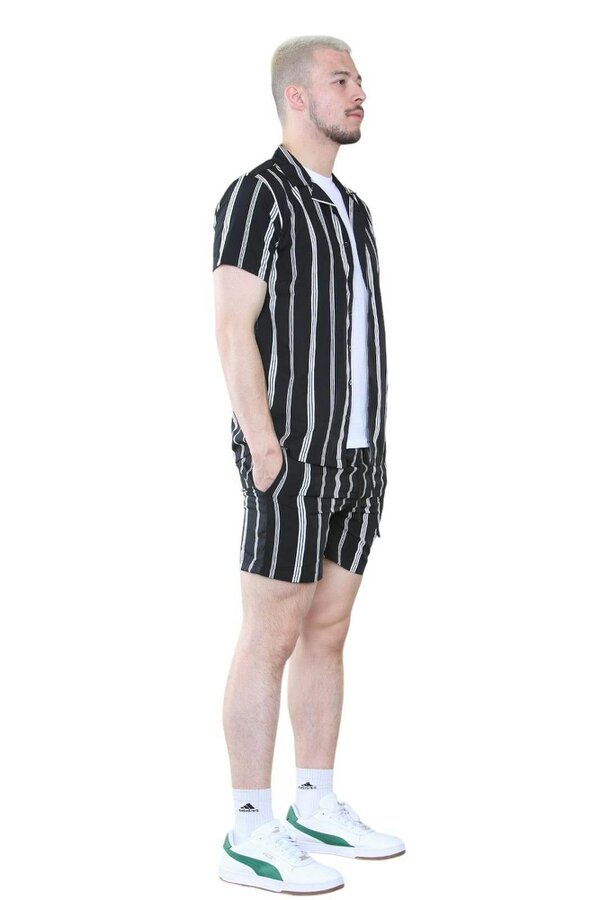 Men's Black Striped Shirt and Shorts Set