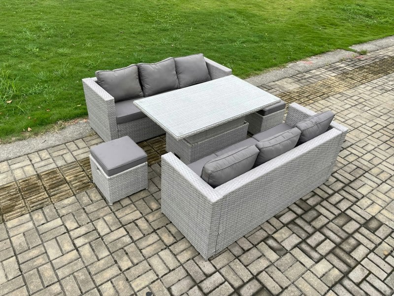 Fimous Outdoor Rattan Garden Funiture Set Height Adjustable Rising Lifting Table Sofa Dining Set with 2 Small Footstools