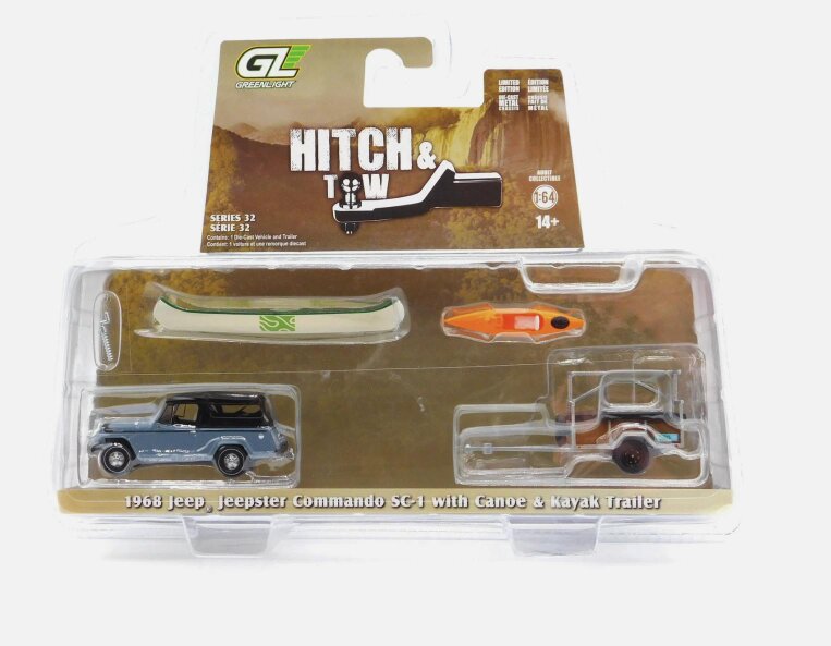 MCSlots 1968 Jeep Jeepster Commando SC-1 Grey Canoe Trailer 1:64 Greenlight 32320B
