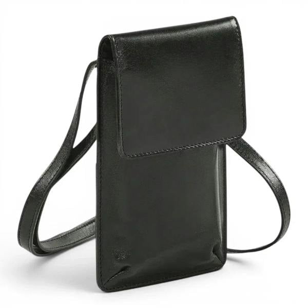 Premium black leather phone crossbody bag with vegetable tanned finish and printed fabric lining.