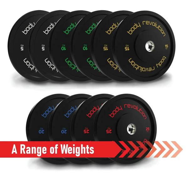 Body Revolution Olympic Black Bumper Plate 100kg Bundle featuring various weights, sleek black rubber finish, and vibrant color accents