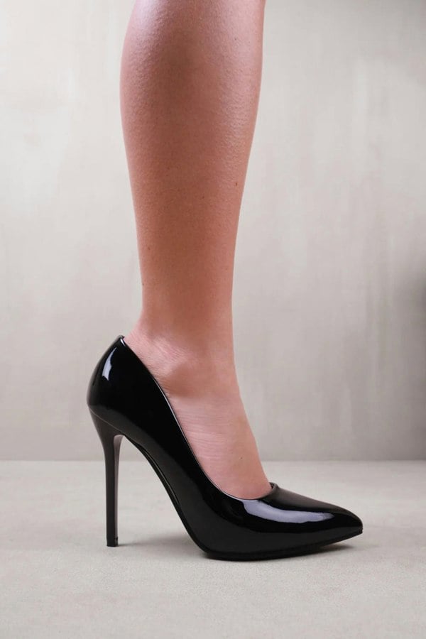 Where's That From Kyra Wide Fit High Heel Stiletto Pumps in Black Patent Faux Leather