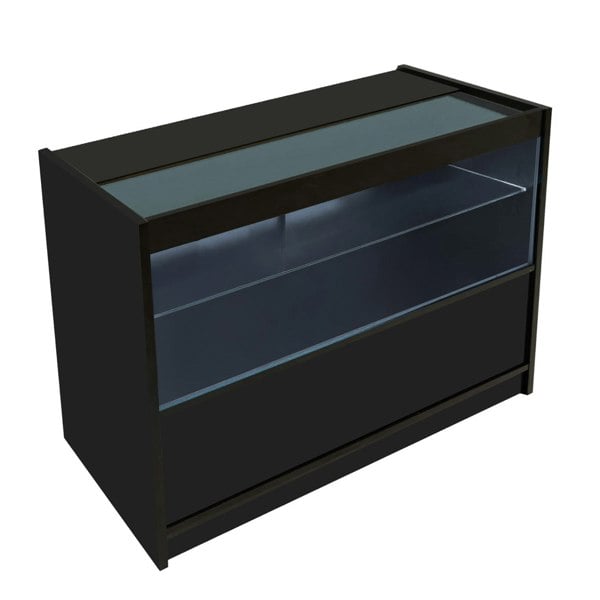 Black LED retail shop counter C1200 with a sleek design, glass display top, and spacious storage for merchandise and products