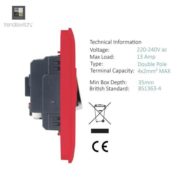 Trendi Switch 13 Amp Fused Spur with Flex Outlet in Strawberry Red
