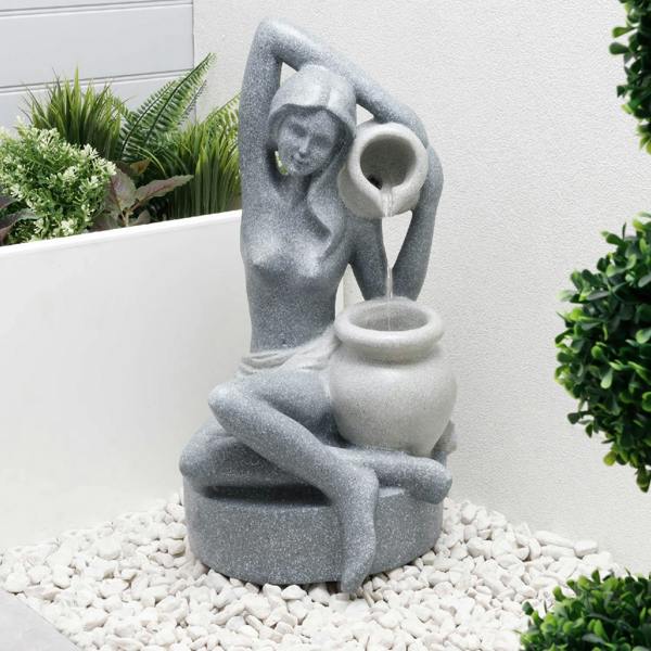 Gardenwize Solar Powered Bathing Lady Water Feature with LED Lights and Battery Backup