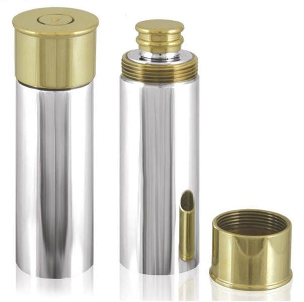 Jack Pyke Gun Cartridge Hip Flask made from stainless steel 3oz design shaped like a shotgun cartridge making it an ideal shooting hip flask