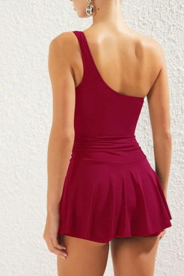 WOVCOR One-Shoulder Covered Short Skirt Basic Swimsuit