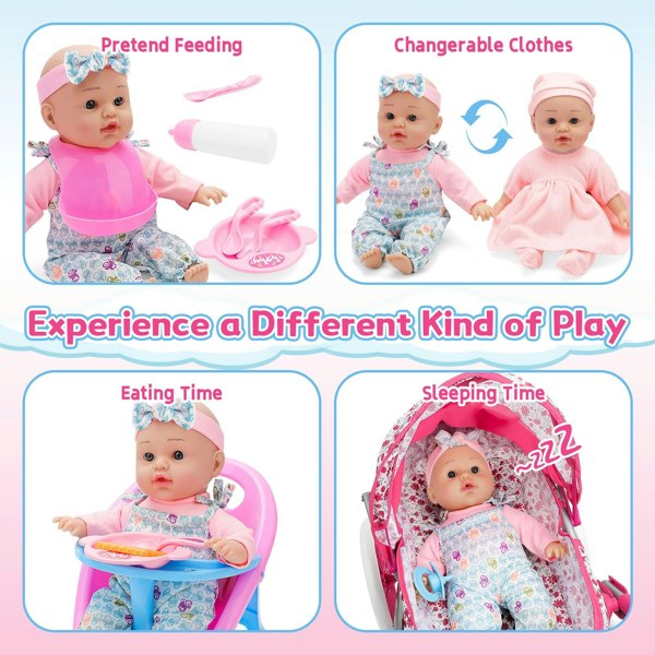 deAO Toys Deluxe Baby Doll Pram Playset – 18PCS Role-Play Set with Stroller, Feeding Chair, Accessories & Realistic Doll for Kids 3+