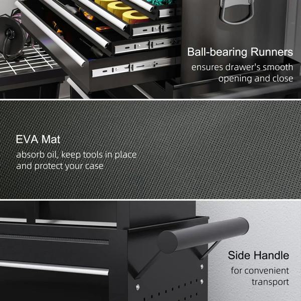 Black tool drawer runners with side handle and storage mat for keeping tools in place
