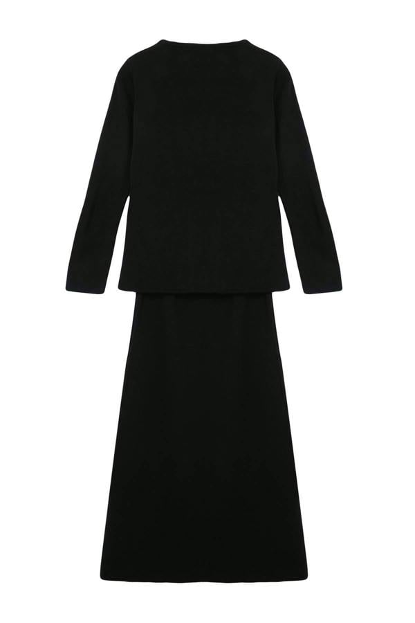 2-Piece Gold Button Detail V Neck Knitted Cardigan and Skirt Co-ord