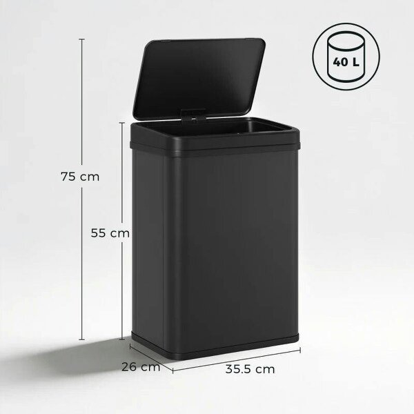 40L Sensor Bin with Soft-Close Lid, Stainless Steel Automatic Touchless Motion Sensor Kitchen Bin, Black