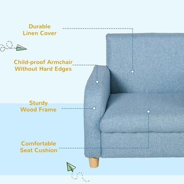 Blue toddler armchair with high back, padded armrests, and wooden frame legs