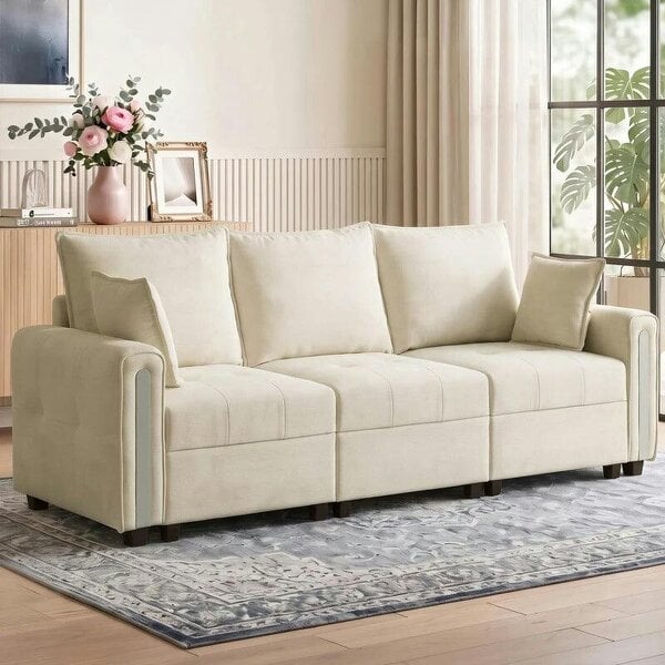 3 Seater Sofa with Lift-Up Storage, 228cm Comfy Velvet Couch with Wide Deep Seat, Beige - Beige