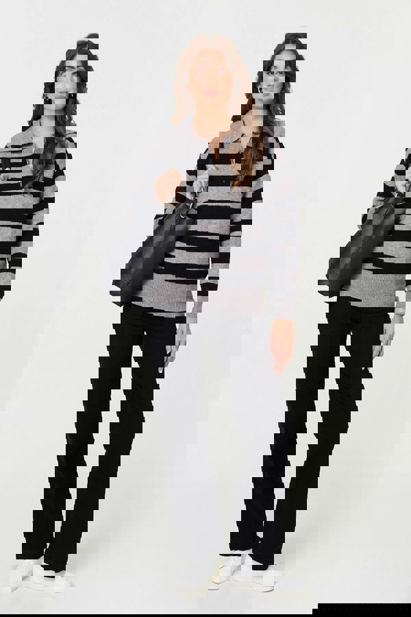 Black | Striped Zip Neck Collared Pullover
