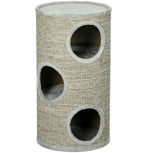 Light grey cat climbing frame with sisal-wrapped cylinder, round top and side openings