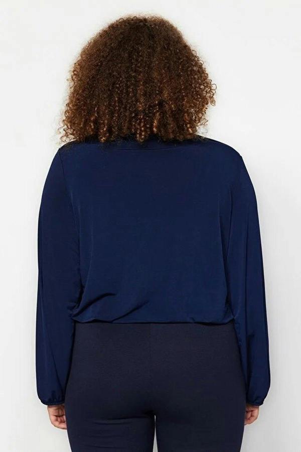 WOVCOR Balloon Sleeve Wrap Collar Knitted Blouse