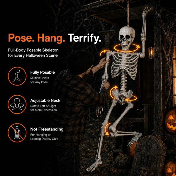 Yezi Halloween Skeleton Life Size 169cm Posable Jointed ABS Spooky Patio White