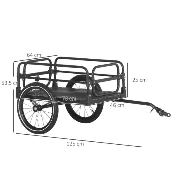 Black bicycle trailer frame with two large wheels and tow bar, size layout
