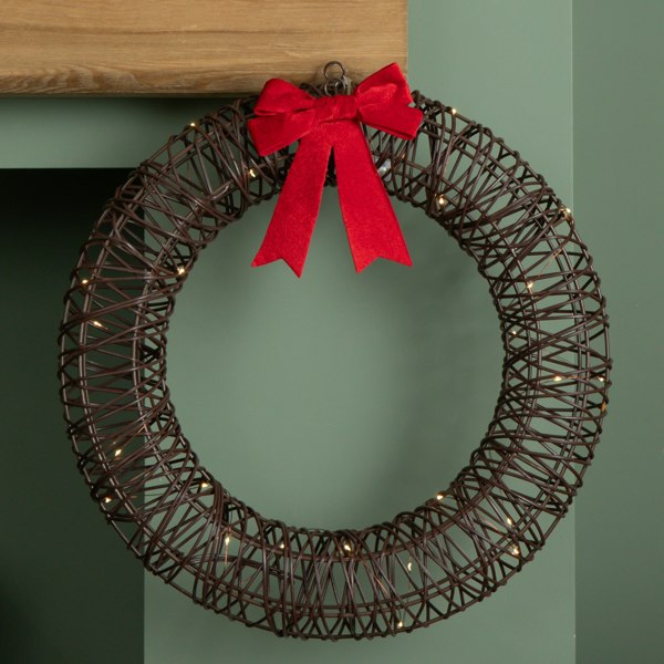 Samuel Alexander 50cm Battery Operated Light up Christmas Wreath with Red Bow & 40 Warm White LEDs