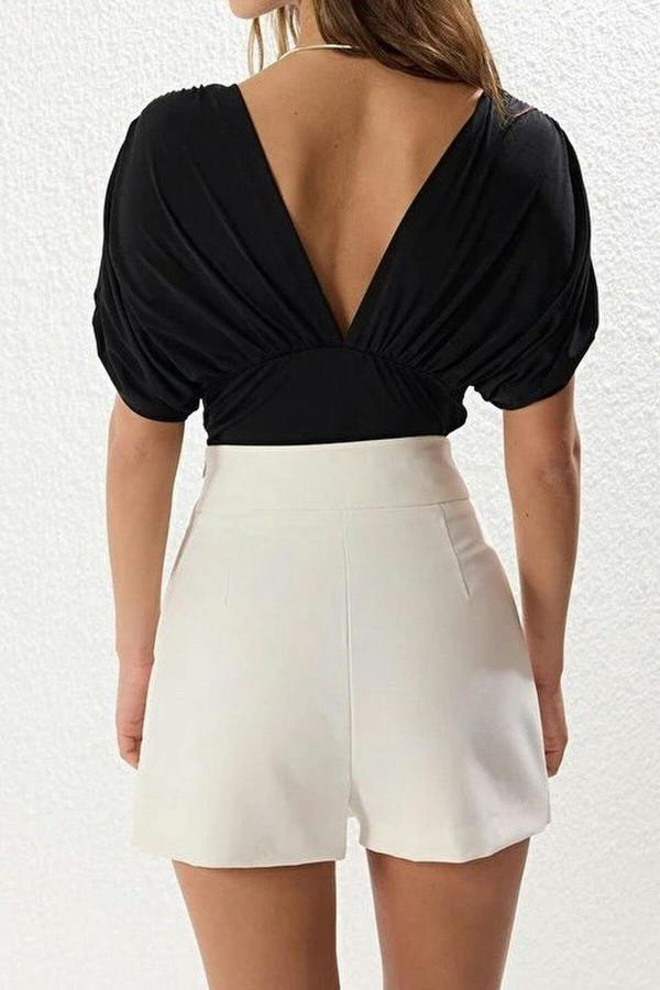 WOVCOR Ruffled Plain Fitted Snap-Button Stretch Knit Bodysuit
