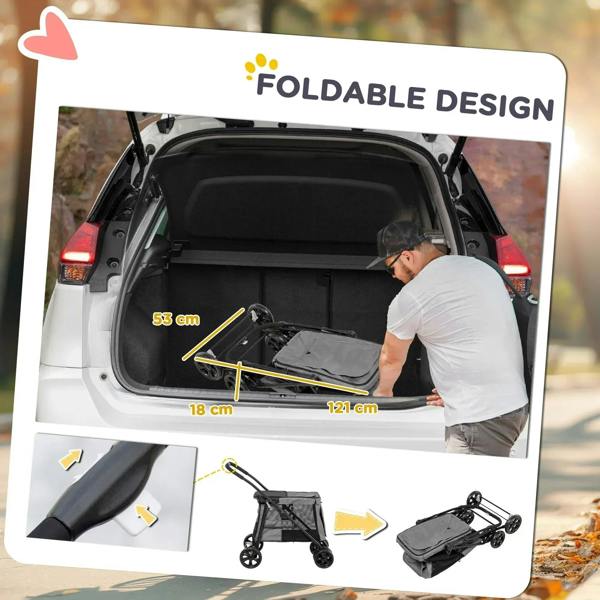 Foldable grey dog stroller with wheels and open trunk area for loading