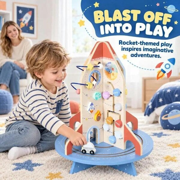 Bobobiy Wooden Activity Cube, Rocket Theme Educational Toys with Shape Sorter & Bead Maze for Toddlers 24M-6Y Fine Motor Skill