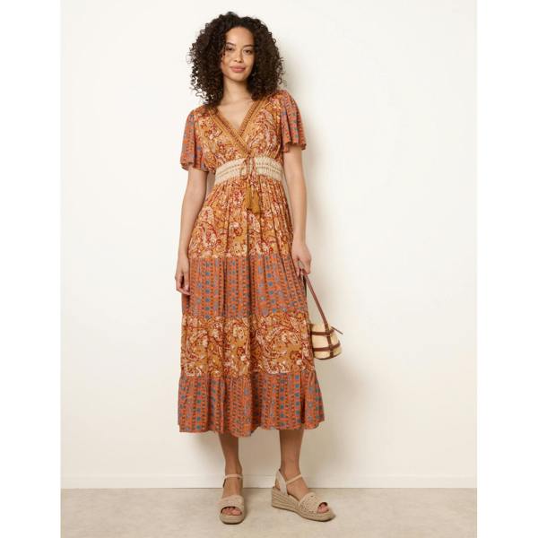 Blue Vanilla Mix Print Beaded Wrap Dress