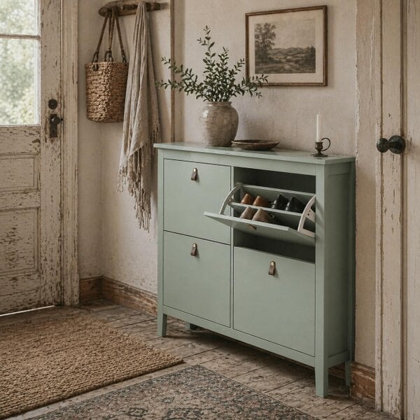 Wyld Haus Margarita Wooden Mint Green 4 Drawer Shoe Cabinet Faux Leather Handles