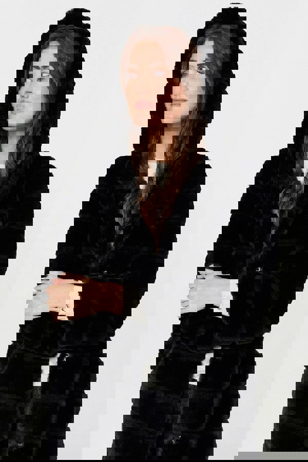 Black | Faux Fur Thigh Length Hooded Jacket
