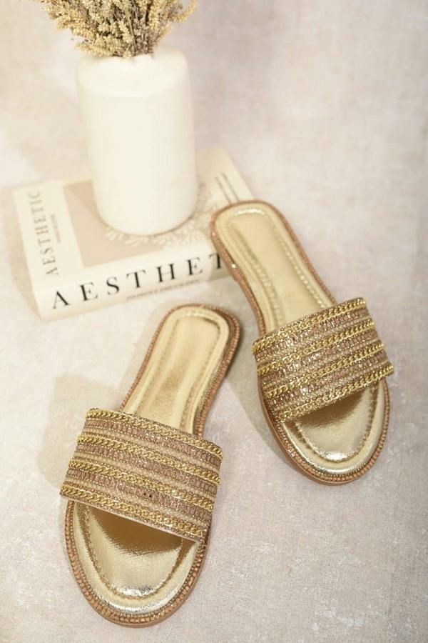 Melinda Open Toe Embellished Flat Sandals - Gold