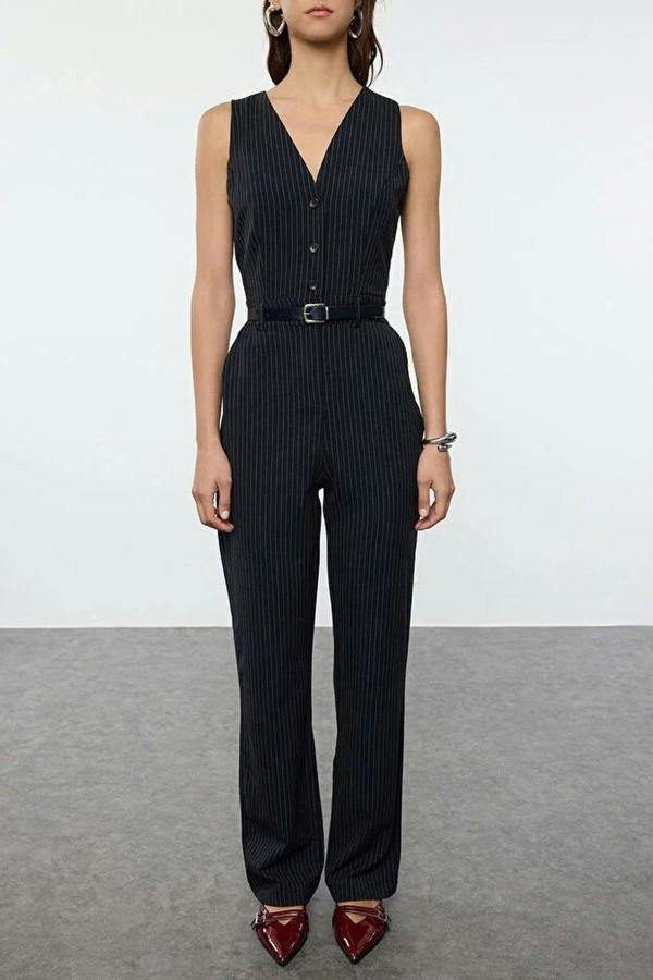 Sleeveless V-Neck Belted Wide Leg Jumpsuit