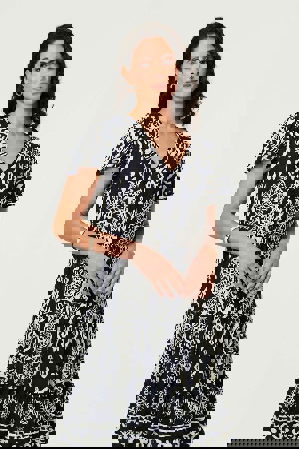 Brown | Abstract Angel Sleeve Knee Length Dress
